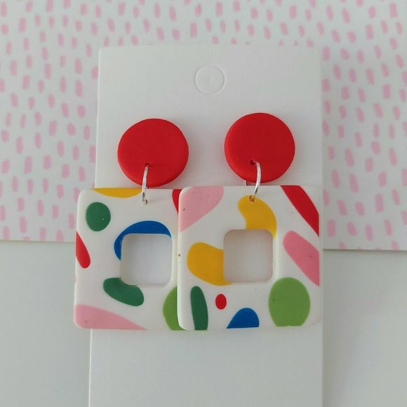 Abstract Square Stud Earrings Colourful - Picture 3 of 3